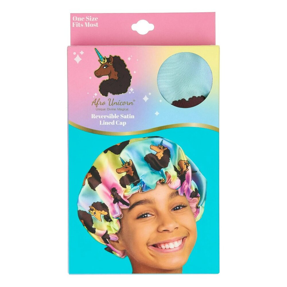 (Lot of 2) Afro Unicorn Reversible Satin Lined Cap for Girls